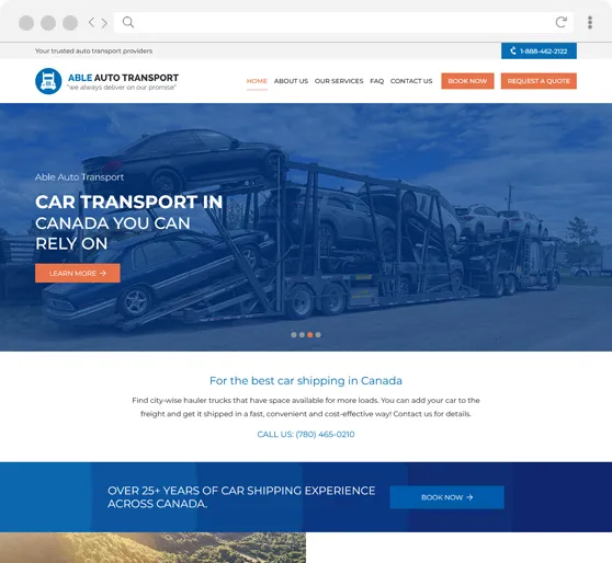 The Able Auto Transport website, headlined “Car transport in Canada you can rely on” over a loaded car-carrier truck