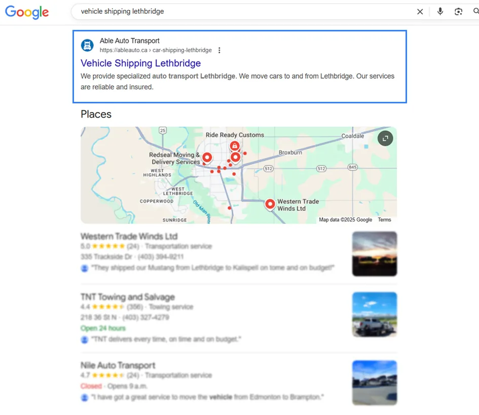 Google results for “vehicle shipping Lethbridge” with Able Auto Transport ranked first above the local map pack