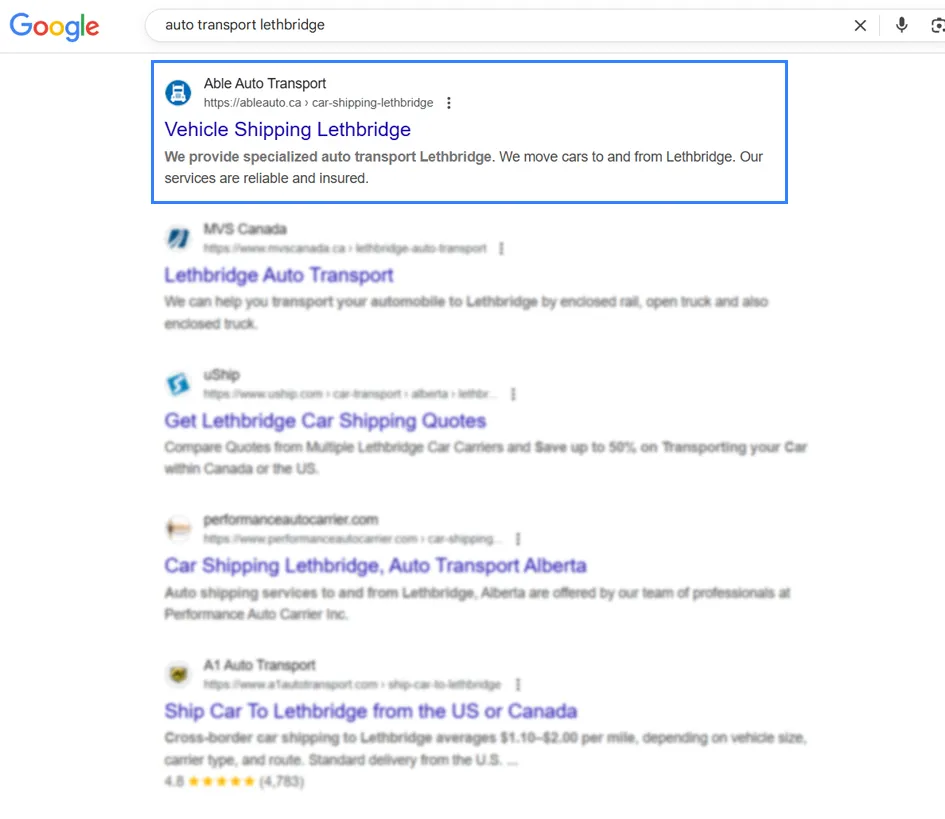 Google results for “auto transport Lethbridge” with Able Auto Transport ranked first