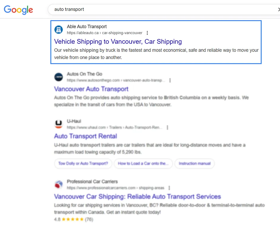 Google results for “auto transport” with Able Auto Transport in the top position