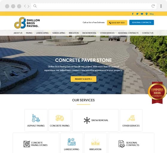 The Dhillon Bros Paving website, a paver-stone driveway headlined “Concrete Paver Stone” above the service list
