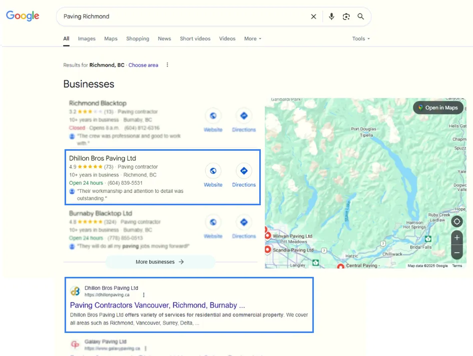 Google results for “paving Richmond” with the Dhillon Bros Paving listing highlighted