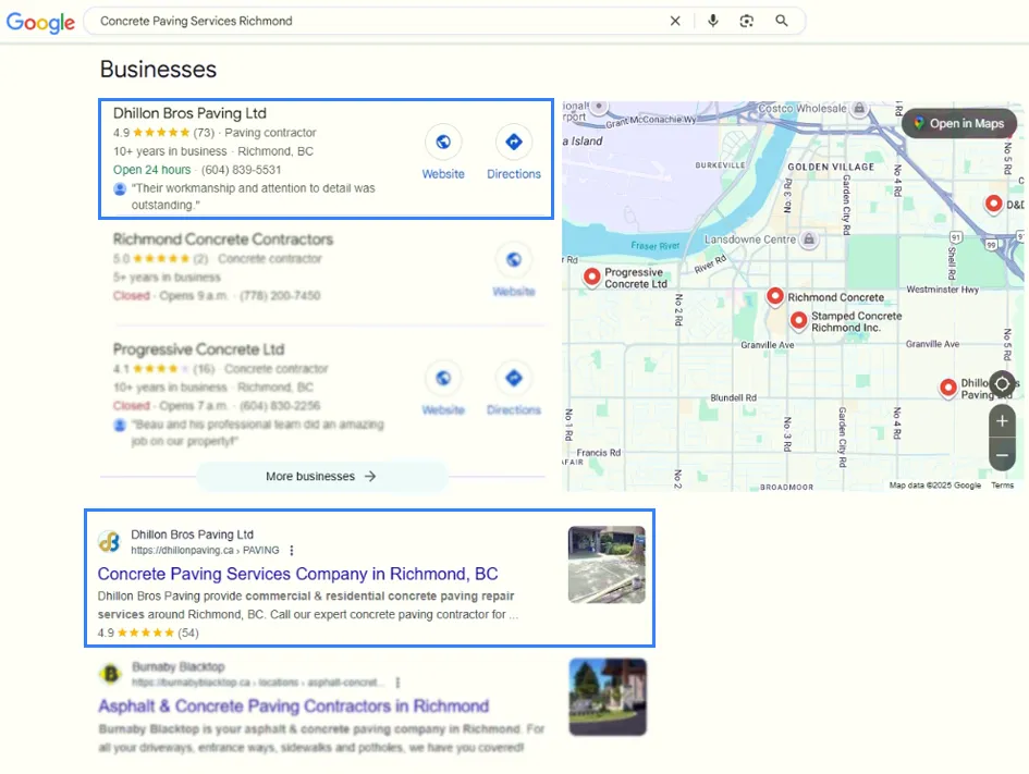Google results for “concrete paving services Richmond” with Dhillon Bros Paving first among the businesses