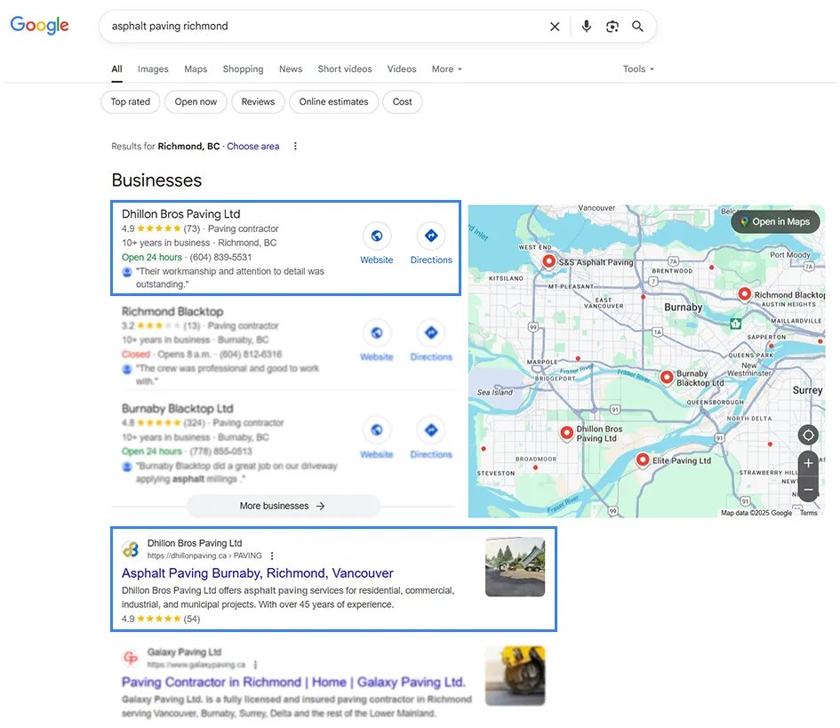 Google results for “asphalt paving Richmond” with Dhillon Bros Paving Ltd at the top of the local map pack