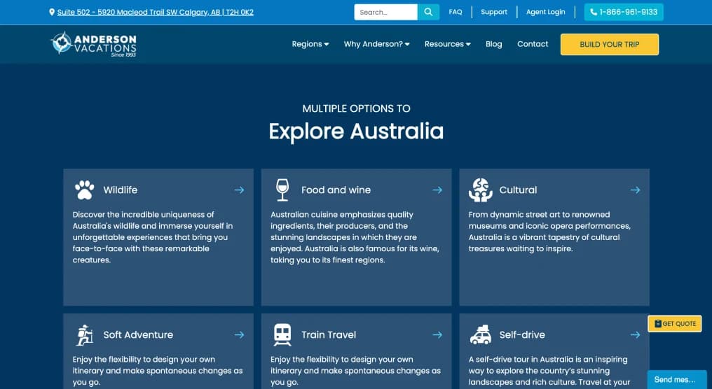 Anderson Vacations trip page with itinerary details
