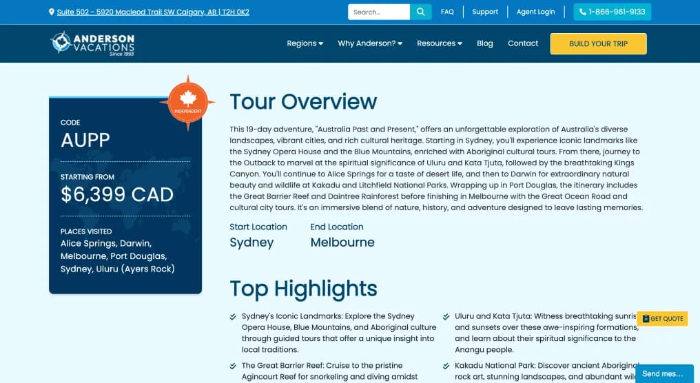 Anderson Vacations Get Quote inquiry step