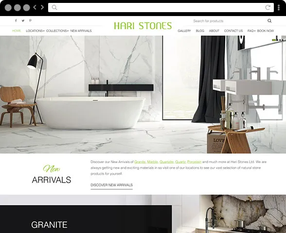 The Hari Stones Limited website, a marble-clad bathroom above a “New Arrivals” panel