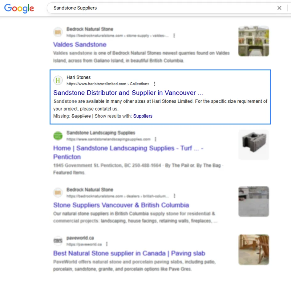 Google results for “sandstone suppliers” with the Hari Stones listing highlighted
