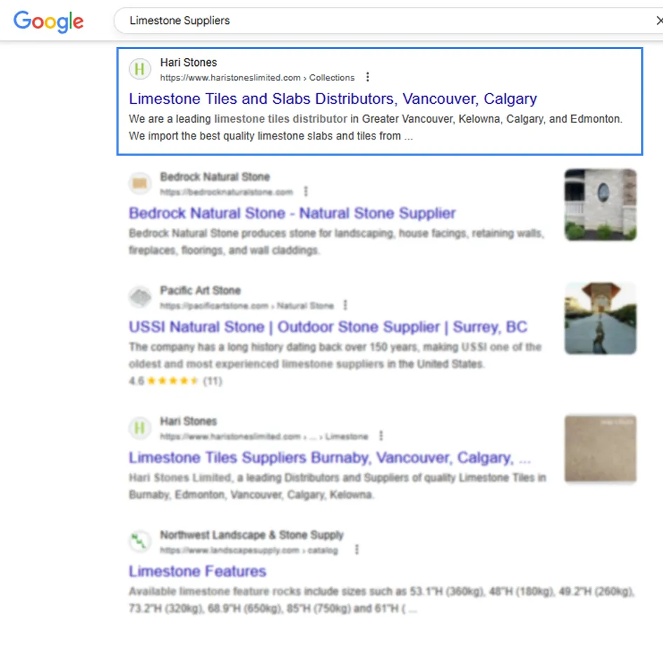 Google results for “limestone suppliers” with Hari Stones in the top position