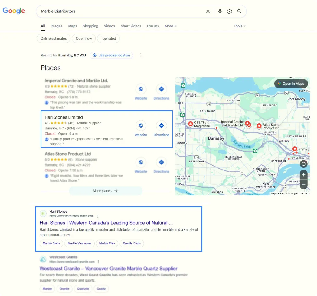 Google results for “marble distribution” in Burnaby with Hari Stones Limited in the local map pack