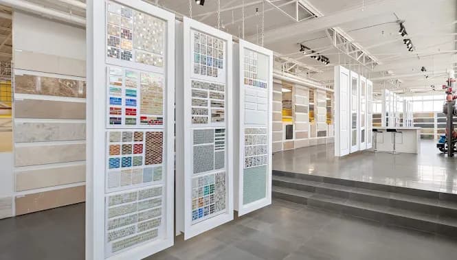 The Hari Stones showroom, rows of stone slabs stood upright in display racks