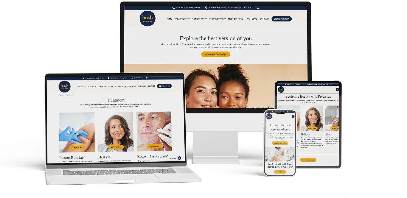 Responsive layouts of the Hush Beauty website across desktop and mobile