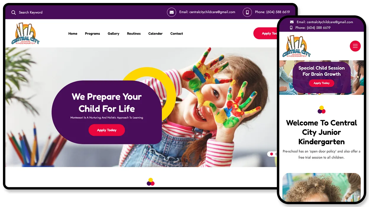 Central City Junior Kindergarten website shown on desktop and mobile, headlined “We Prepare Your Child For Life” beside a girl holding up paint-covered hands.