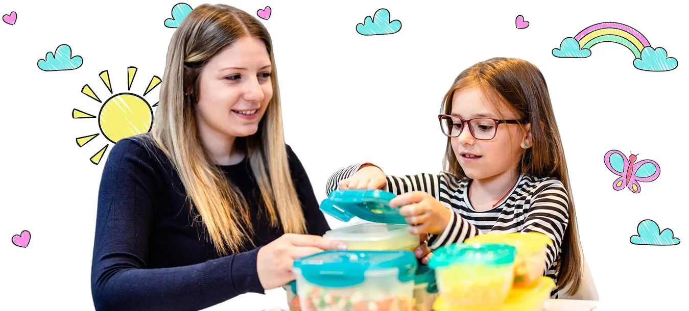 An early childhood educator and a young girl in glasses sorting brightly coloured containers at a table, framed by hand-drawn sun, cloud and rainbow doodles.
