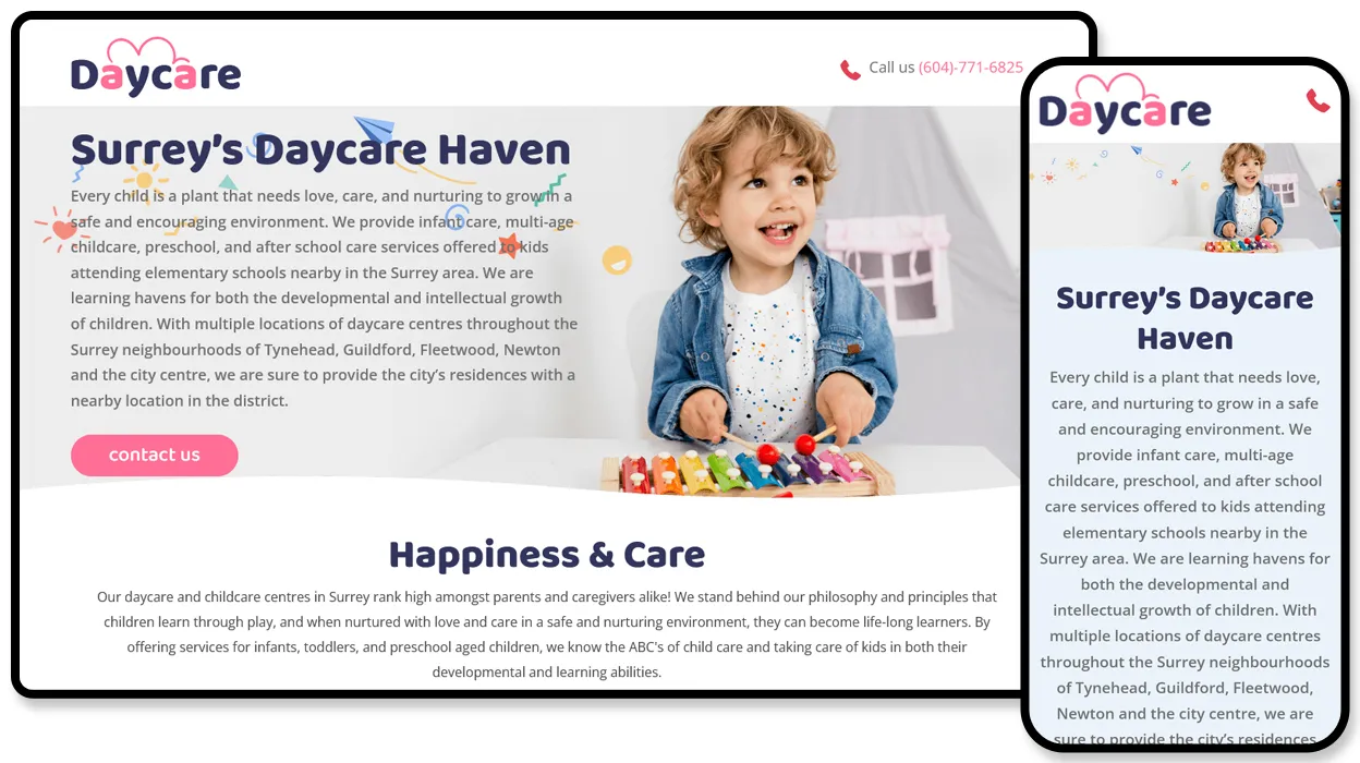 Daycare Surrey website shown on desktop and mobile, headlined “Surrey’s Daycare Haven” beside a photo of a toddler playing with building blocks.