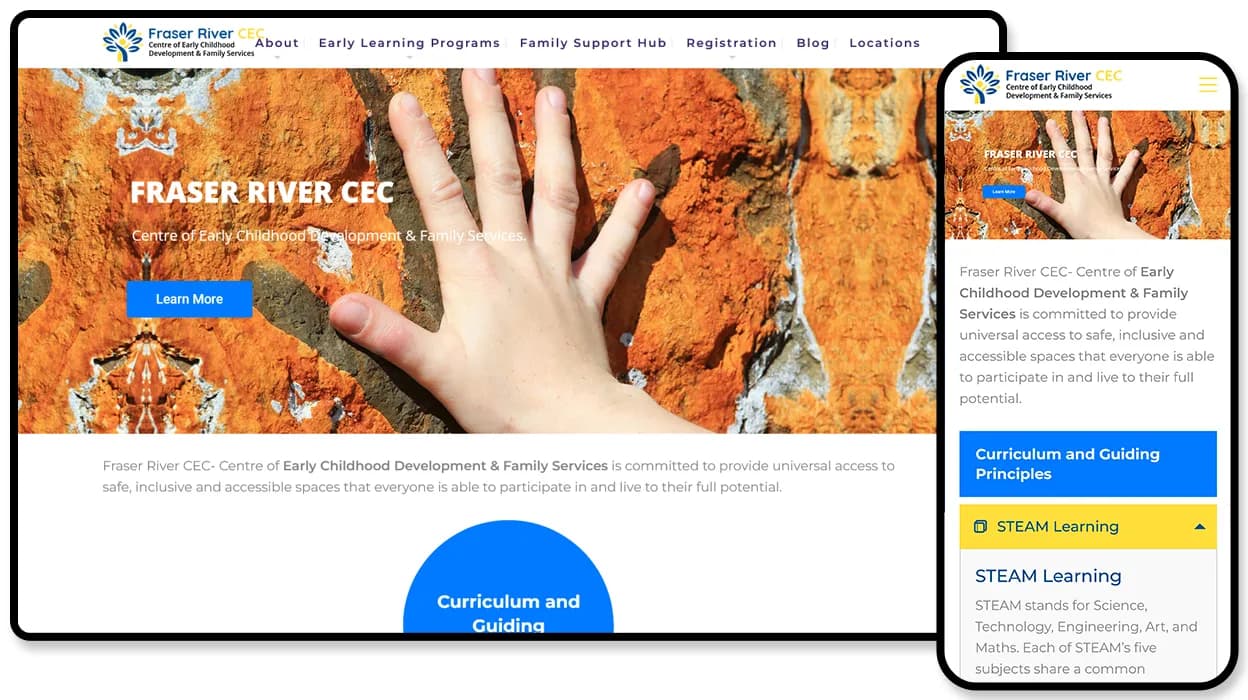 Fraser River CEC website shown on desktop and mobile, with a hero photo of children’s hands pressed against an orange rock face.