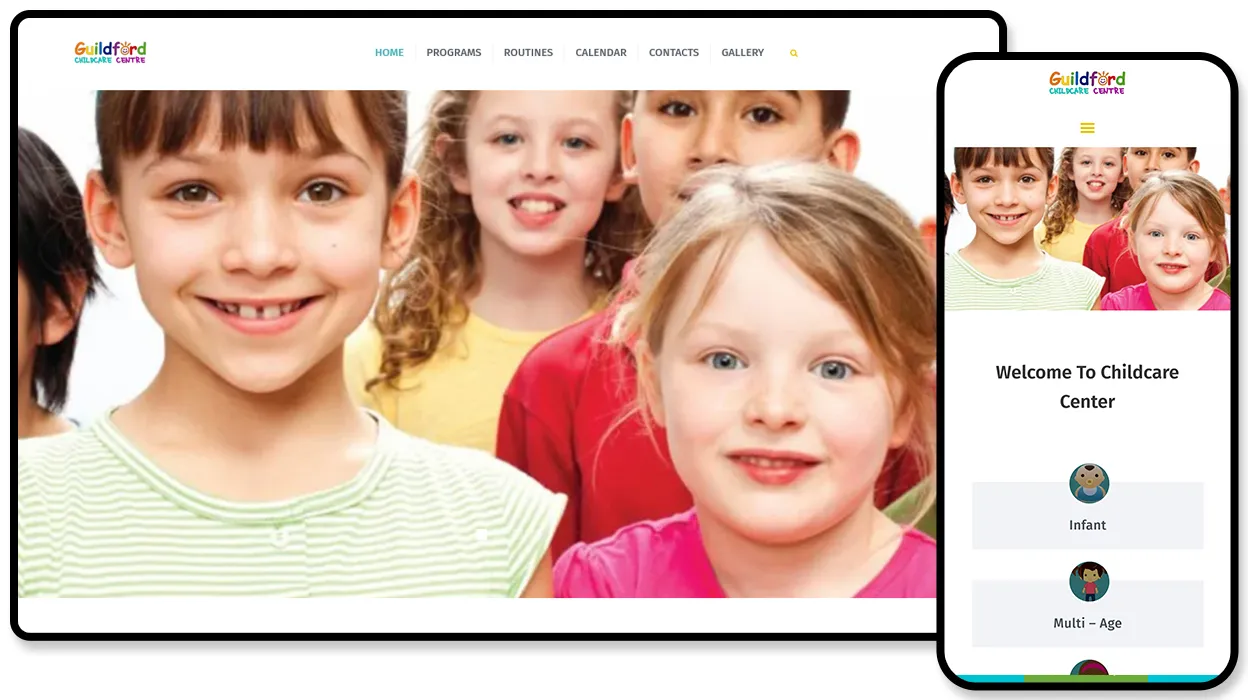 Guildford Childcare Centre website shown on desktop and mobile, with a full-width hero photo of a row of smiling children.
