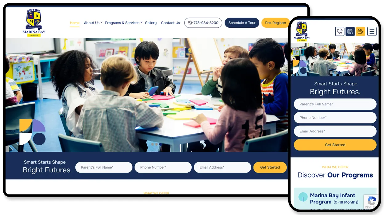 Marina Bay Academy website shown on desktop and mobile, with a photo of children working at a craft table and a “Smart Starts Shape Bright Futures” enquiry form.