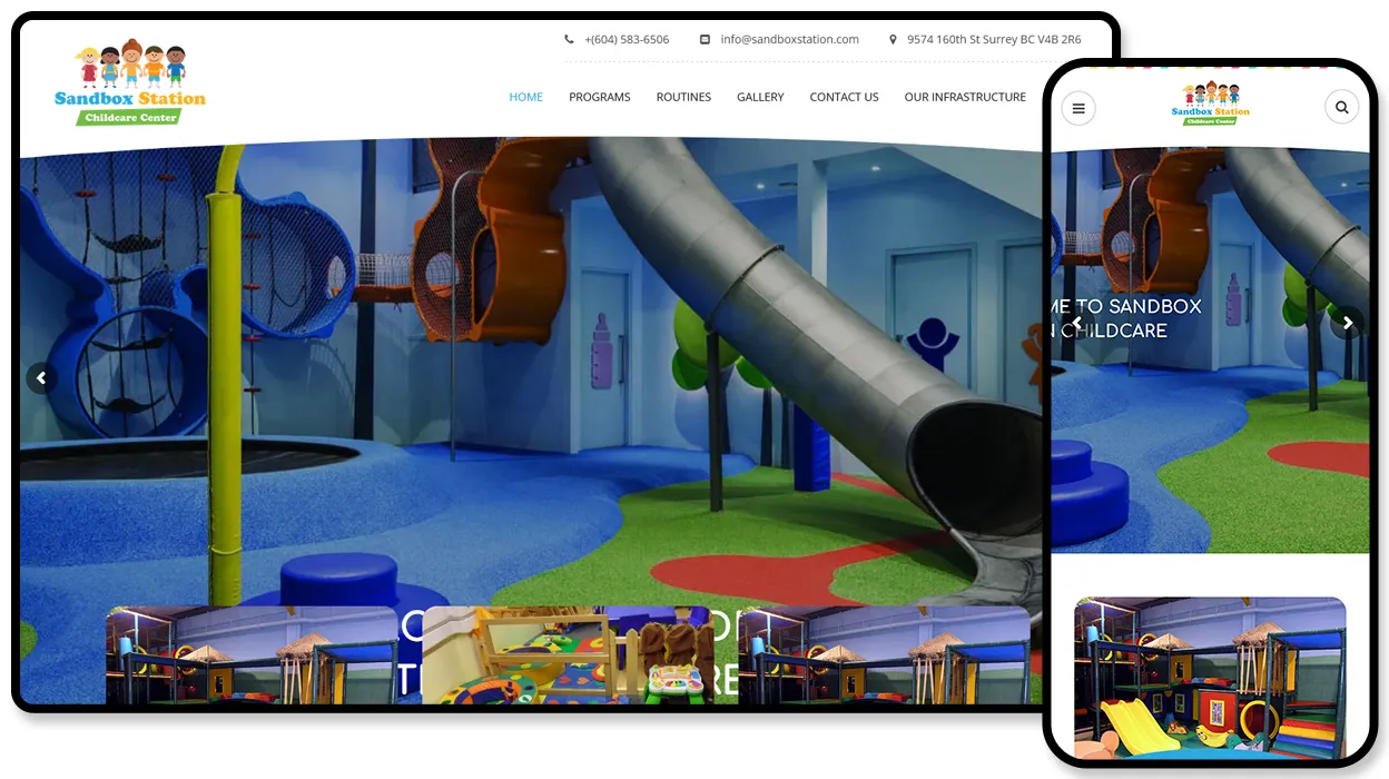 Sandbox Station Childcare Center website shown on desktop and mobile, with a hero photo of the centre’s indoor playground of slides, tunnels and climbing nets.