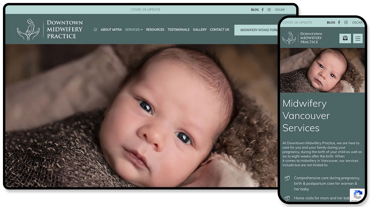 Downtown Midwifery Practice website presenting its Vancouver midwifery services.