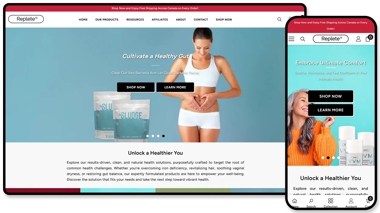 Replete Labs online store selling gut health and natural health supplements.
