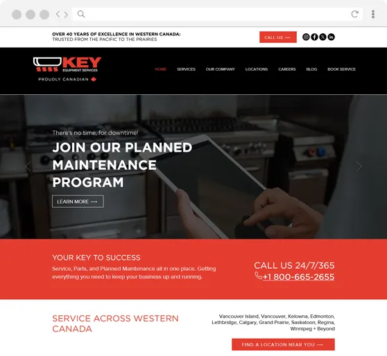 The Key Food Equipment website, headlined “Join our planned maintenance program” with a 24/7/365 service line for Western Canada