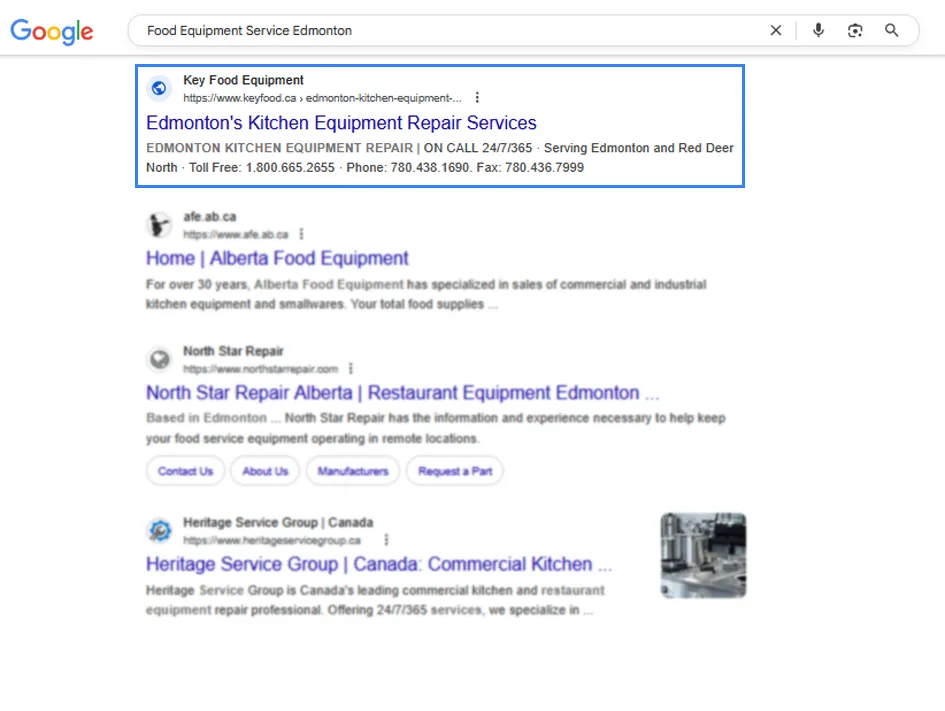 Google results for “food equipment service Edmonton” with Key Food Equipment in the top position