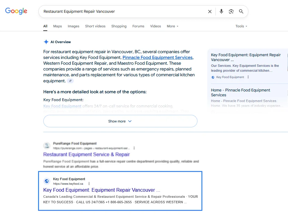 Google results for “restaurant equipment repair Vancouver” with Key Food Equipment cited in the AI overview and highlighted in the listings