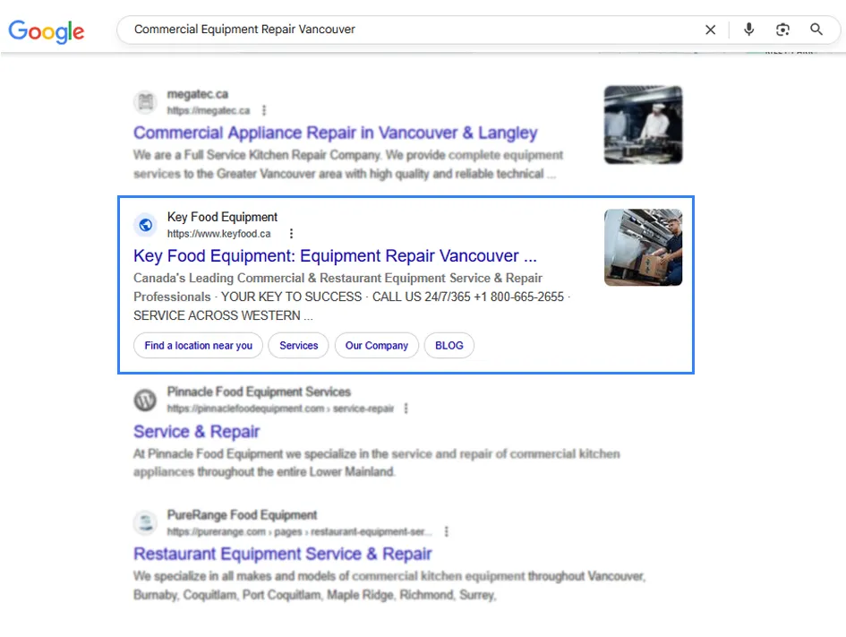 Google results for “commercial appliance repair Vancouver” with the Key Food Equipment listing highlighted