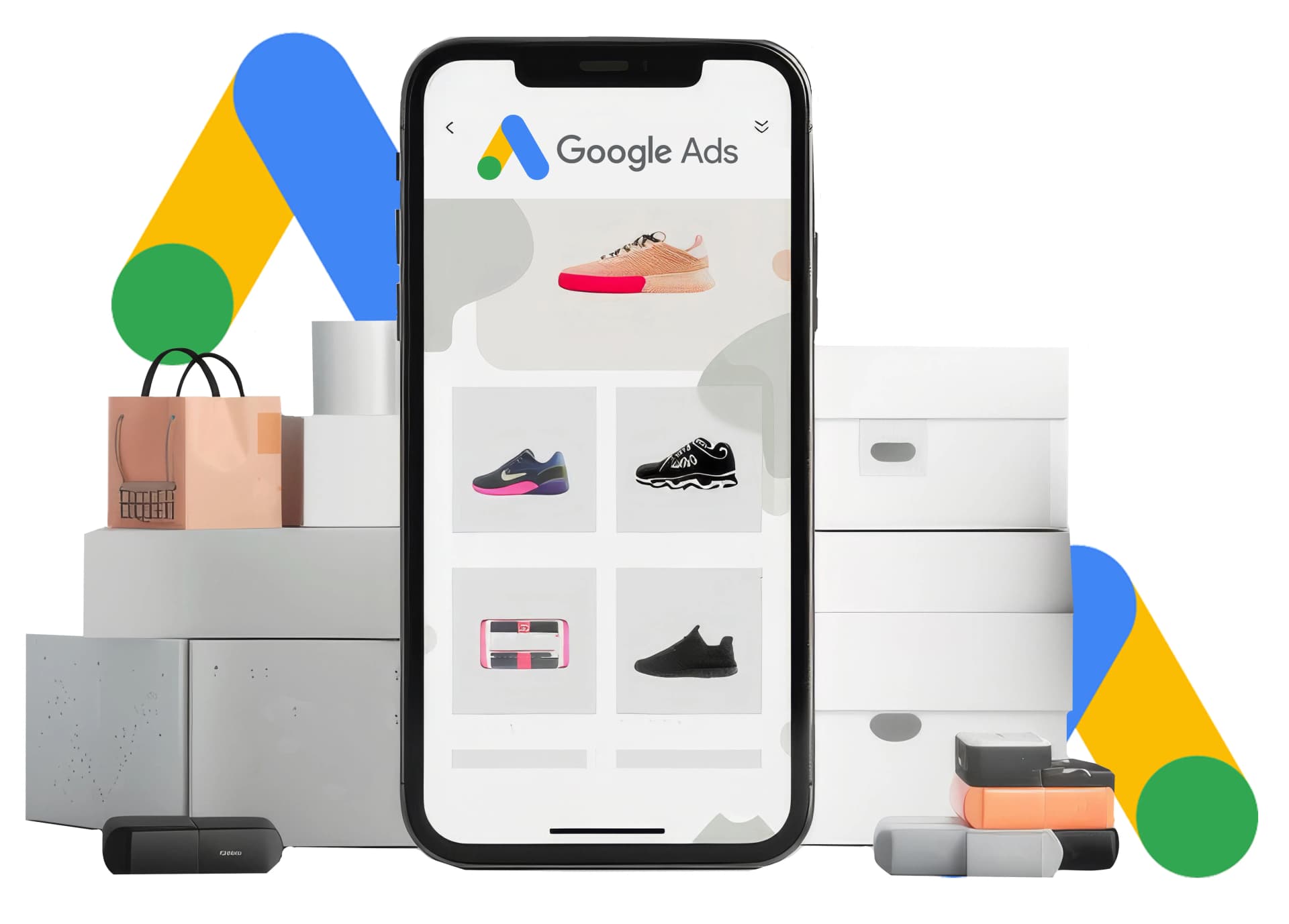 A phone showing the Google Ads app listing sneakers for sale, beside stacked shoeboxes and the Google Ads logo.