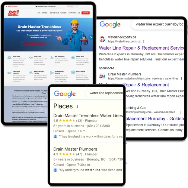 The Drain Master Trenchless site on a tablet, beside Google search results and a local map pack for water line repair in Burnaby.