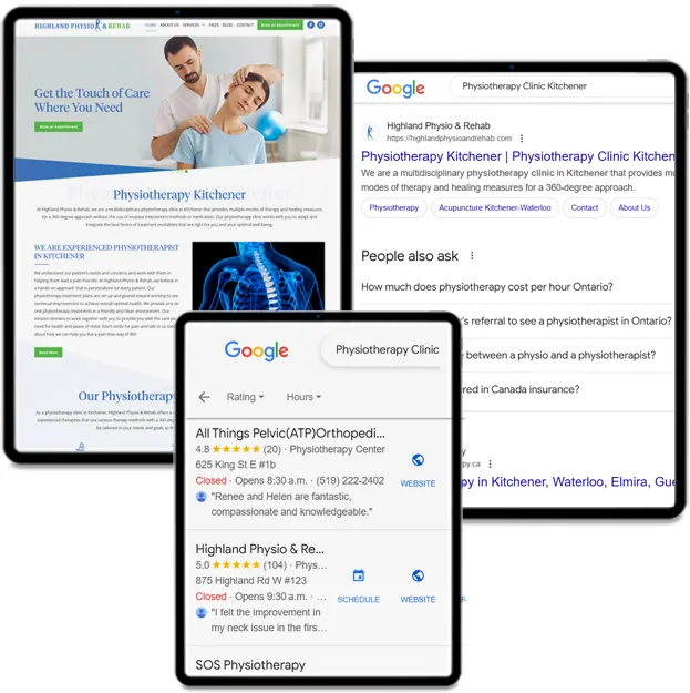 A physiotherapy clinic website on a tablet, beside Google search results and a local map pack for physiotherapy clinics.