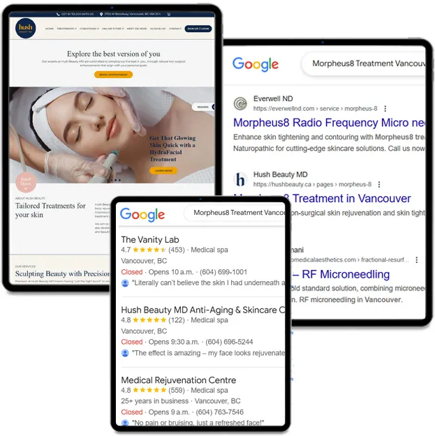 The Hush Beauty MD site on a tablet, beside Google search results and a local map pack for medical spa treatments in Vancouver.
