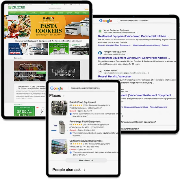 The Vortex Food Equipment site on a tablet, beside Google search results and a local business panel for restaurant equipment suppliers.