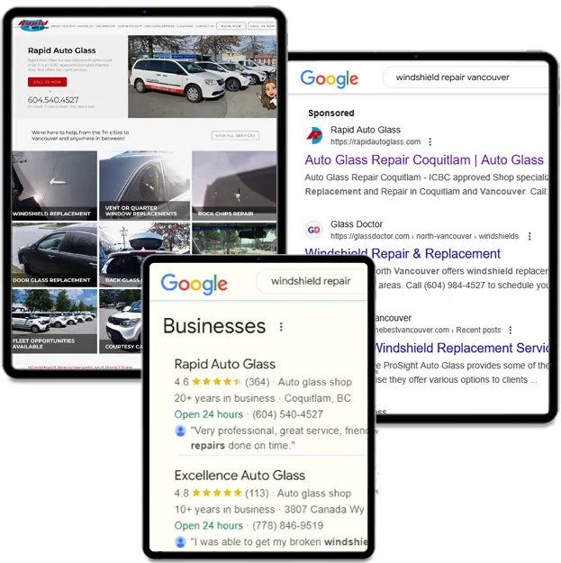The Rapid Auto Glass site on a tablet, beside Google search results and a local business panel for windshield replacement in Vancouver.