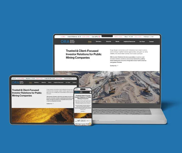 The ORA Investor Relations Services website on a laptop, tablet, and phone, headlined “Trusted & Client-Focused Investor Relations for Public Mining Companies” with a live commodity ticker across the top.