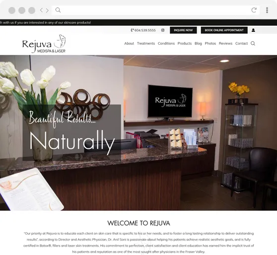 The Rejuva Medispa & Laser website, headlined “Beautiful Results Naturally” over the clinic reception