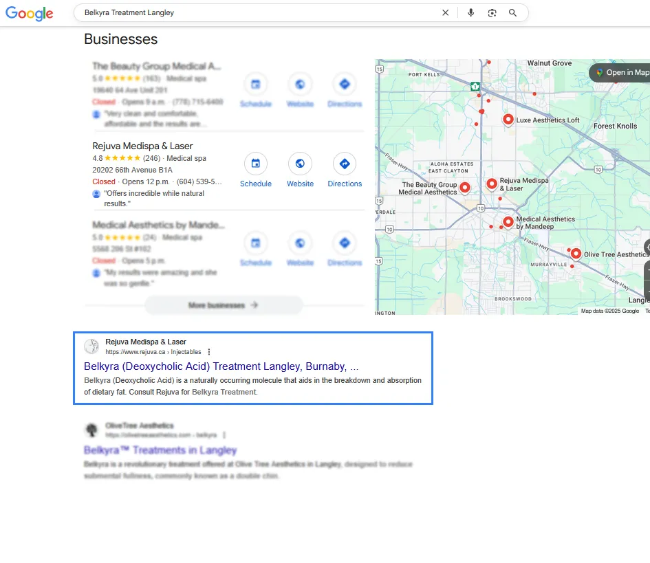 Google results for “Belkyra treatment Langley” with Rejuva Medispa & Laser listed among the businesses