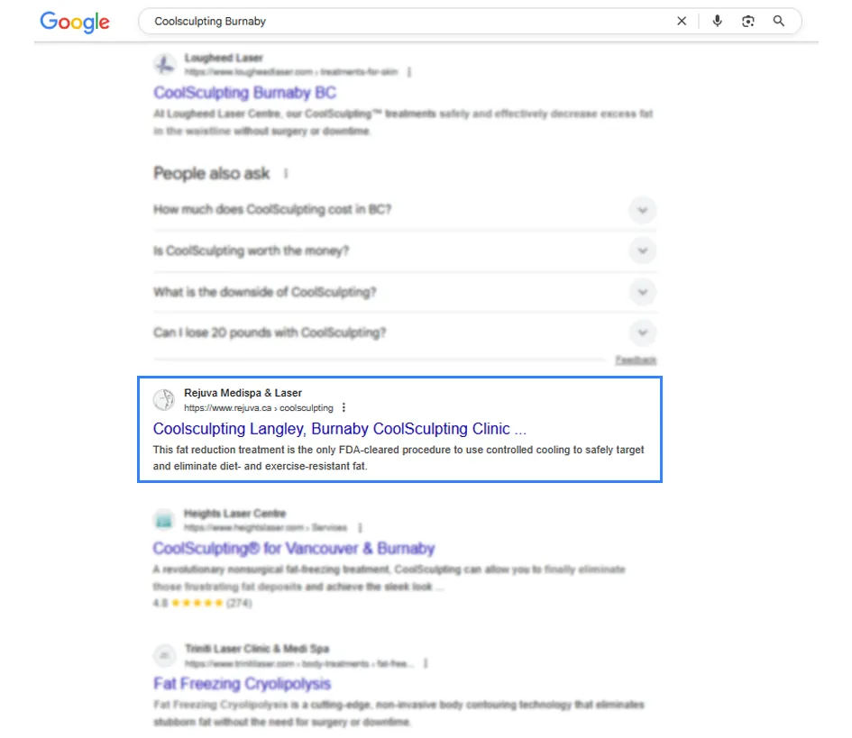 Google results for “CoolSculpting Burnaby” with the Rejuva Medispa & Laser listing highlighted
