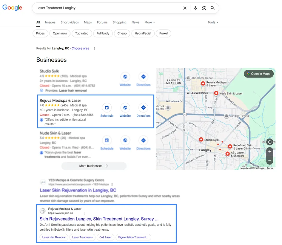 Google results for “laser treatment Langley” with Rejuva Medispa & Laser in the local map pack