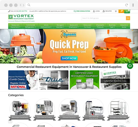 The Vortex Restaurant Equipment website, a “Quick Prep” promotion above its commercial kitchen equipment categories