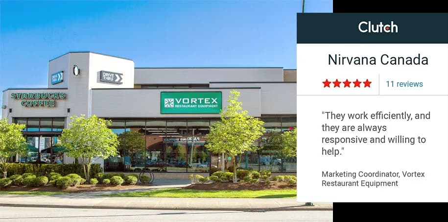 The Vortex Restaurant Equipment storefront beside a Clutch review card for Nirvana Canada — five stars from 11 reviews — quoting “They work efficiently, and they are always responsive and willing to help.” from a Marketing Coordinator at Vortex Restaurant Equipment