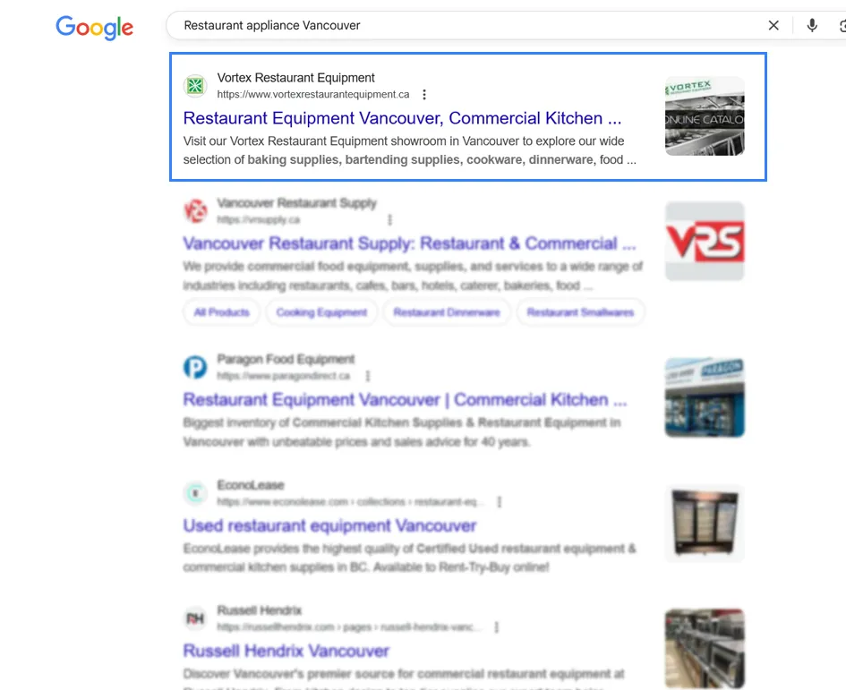 Google results for “restaurant appliance Vancouver” with Vortex Restaurant Equipment in the top position