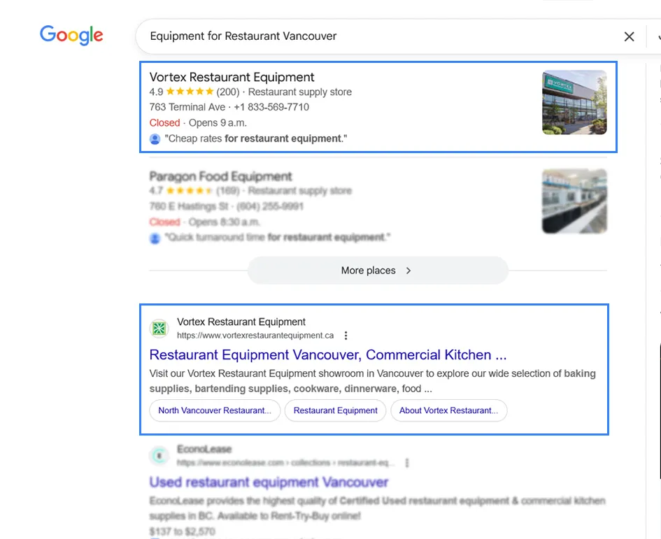 Google results for “equipment for restaurant Vancouver” with Vortex Restaurant Equipment first in both the map pack and the organic listings