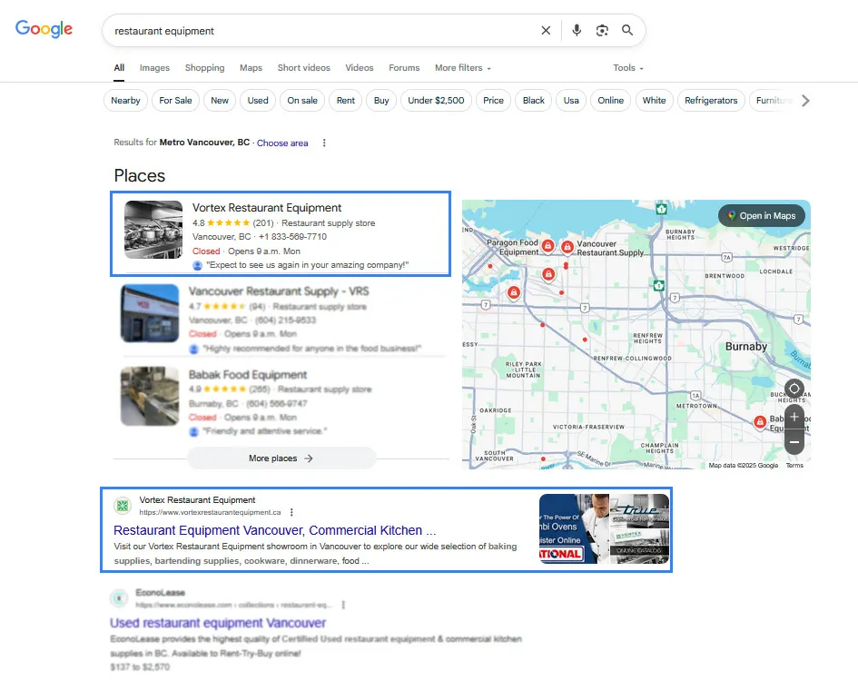 Google results for “restaurant equipment Vancouver” with Vortex Restaurant Equipment at the top of the local map pack