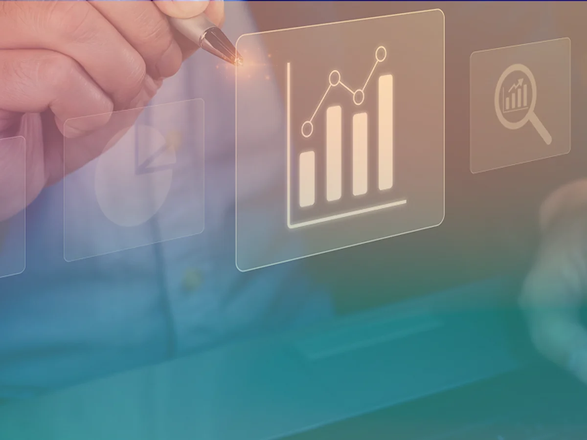 Hand pointing at floating icons for analytics, scheduling, documents and pricing