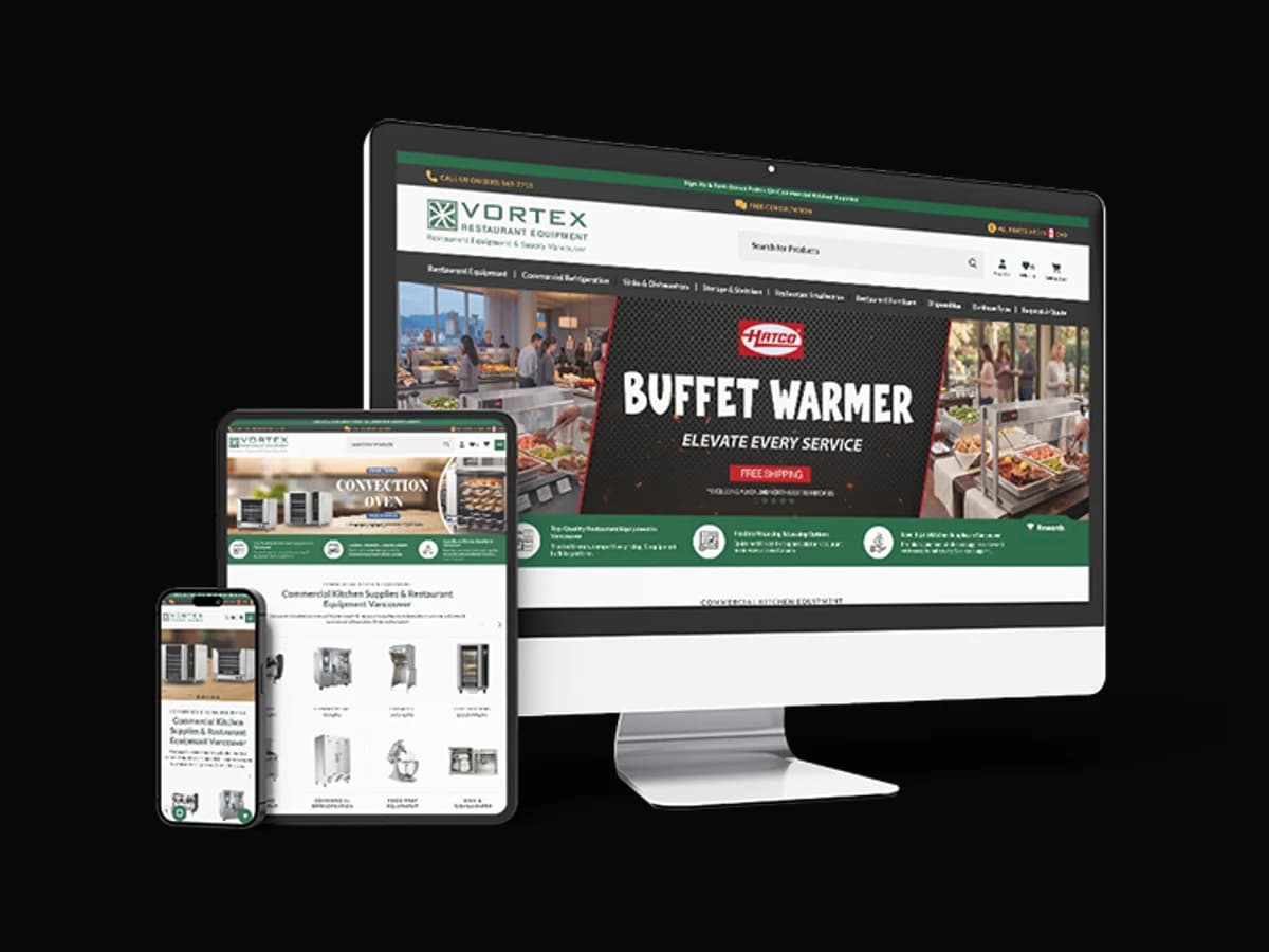 Vortex Restaurant Equipment eCommerce website on desktop, tablet and mobile