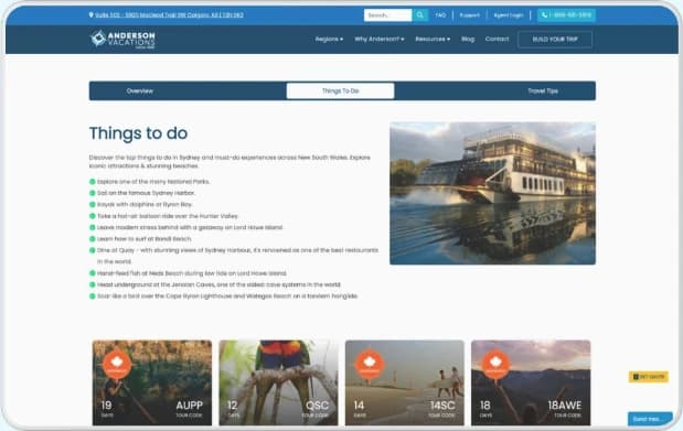 Anderson Vacations Things to Do page with a floating Get Quote button