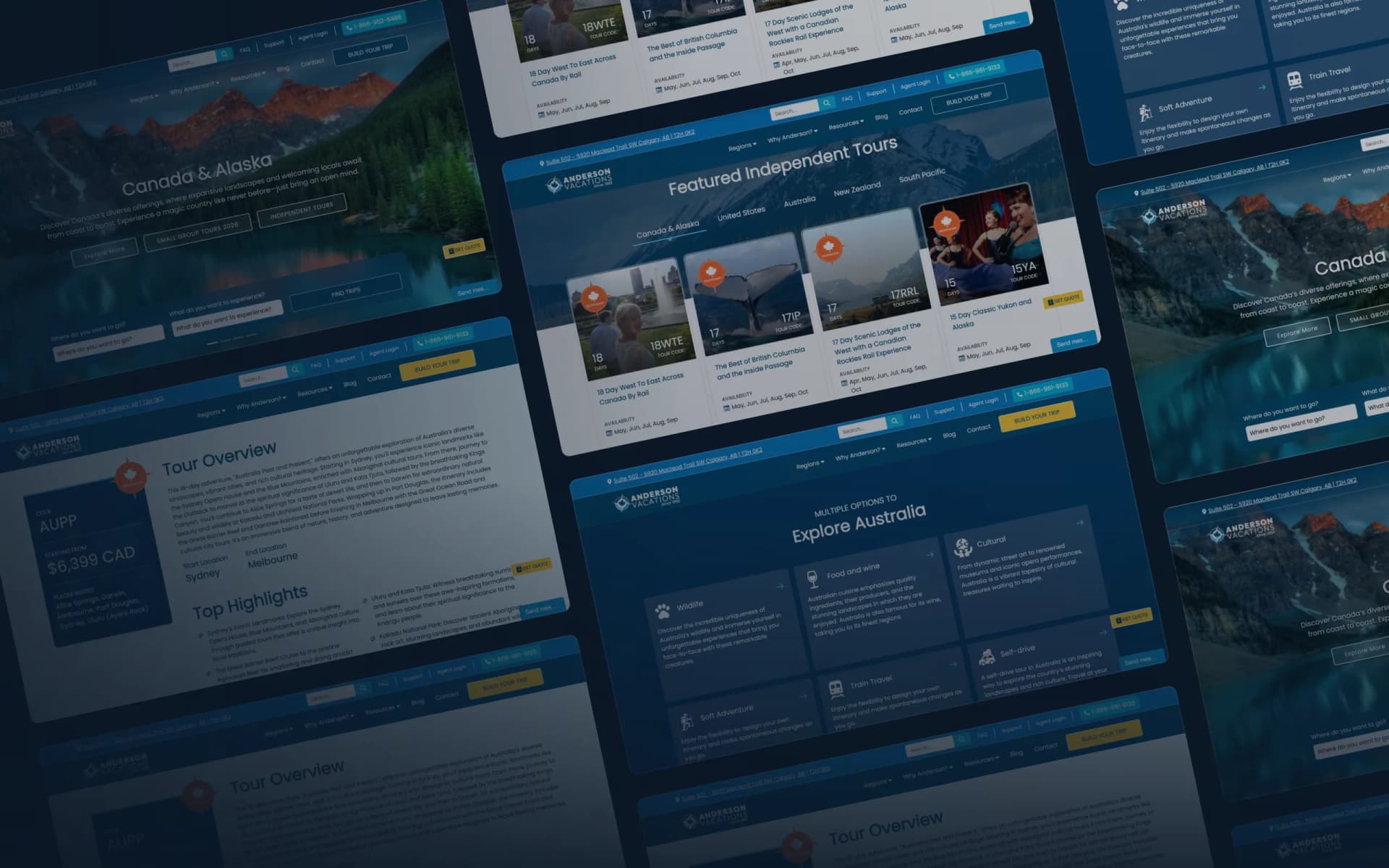A tilted wall of Anderson Vacations website pages: the homepage, tour listings, destination guides and a trip overview
