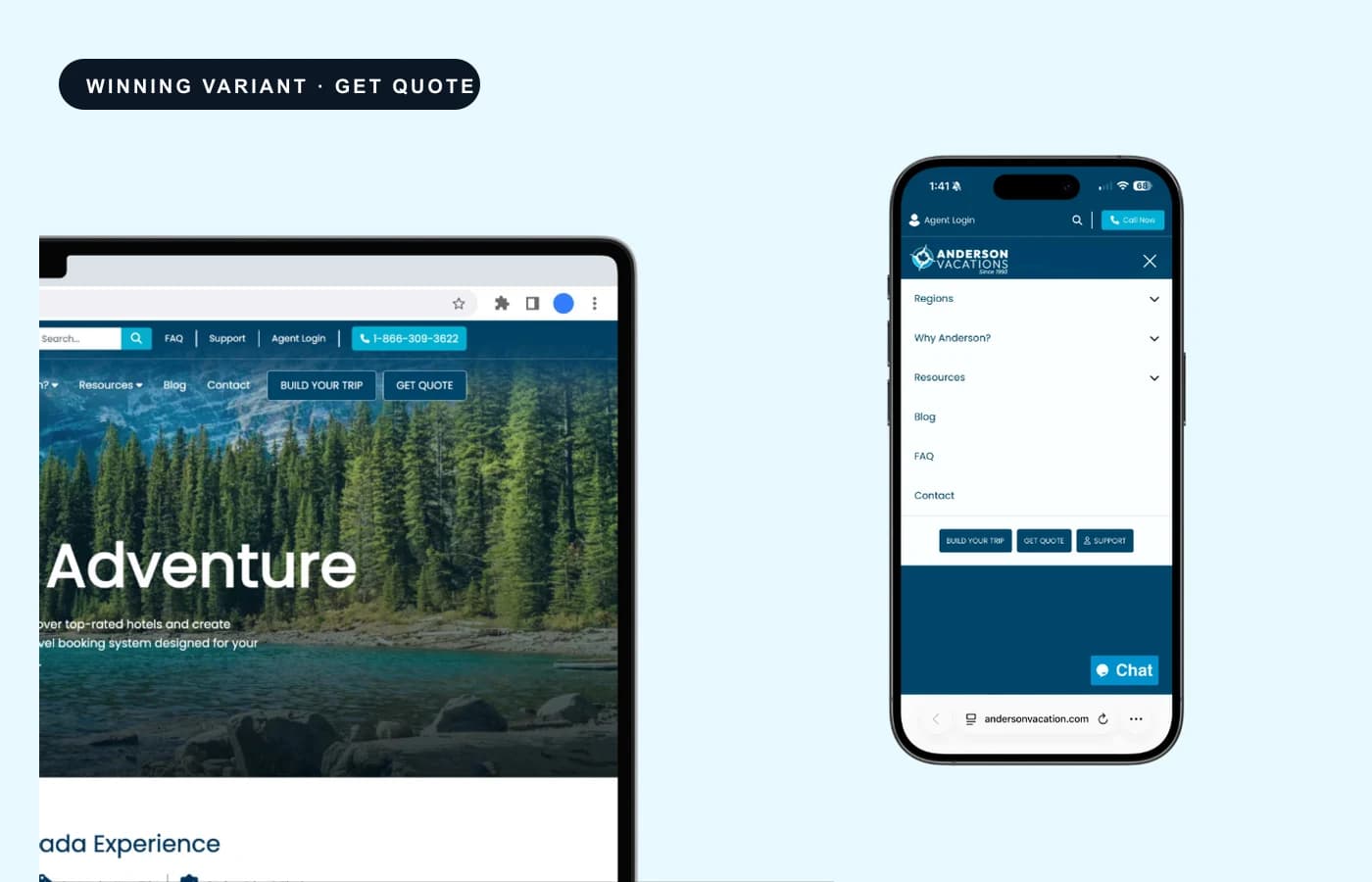 The winning variant: Get Quote added to the desktop navigation and as a button in the mobile menu